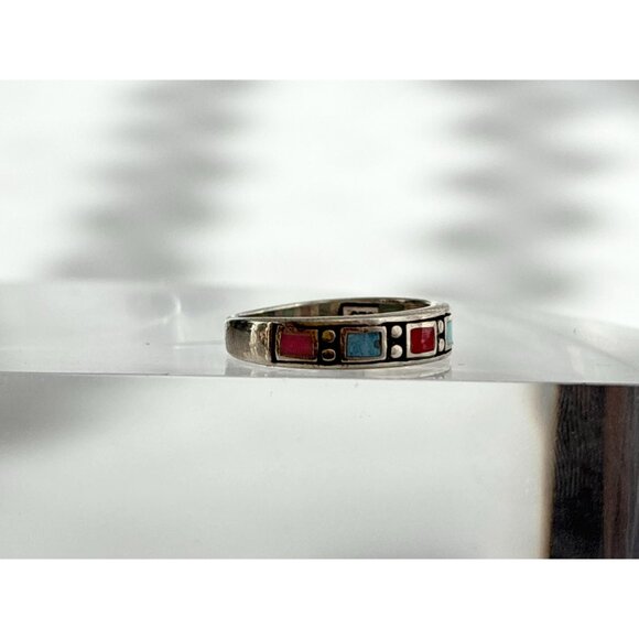 Mexican Inspired Multi Gemstone Square 925 Sterling Silver Vintage Ring - sz 6 - Picture 9 of 10
